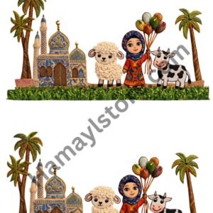 eid village scene border 22 inch mosque sheep cow kids eid heat transfer pakistan