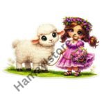 Funky Patch 339-Girl with Sheep Patch 5 Inch – Cute Floral Cartoon Heat Transfer Patch
