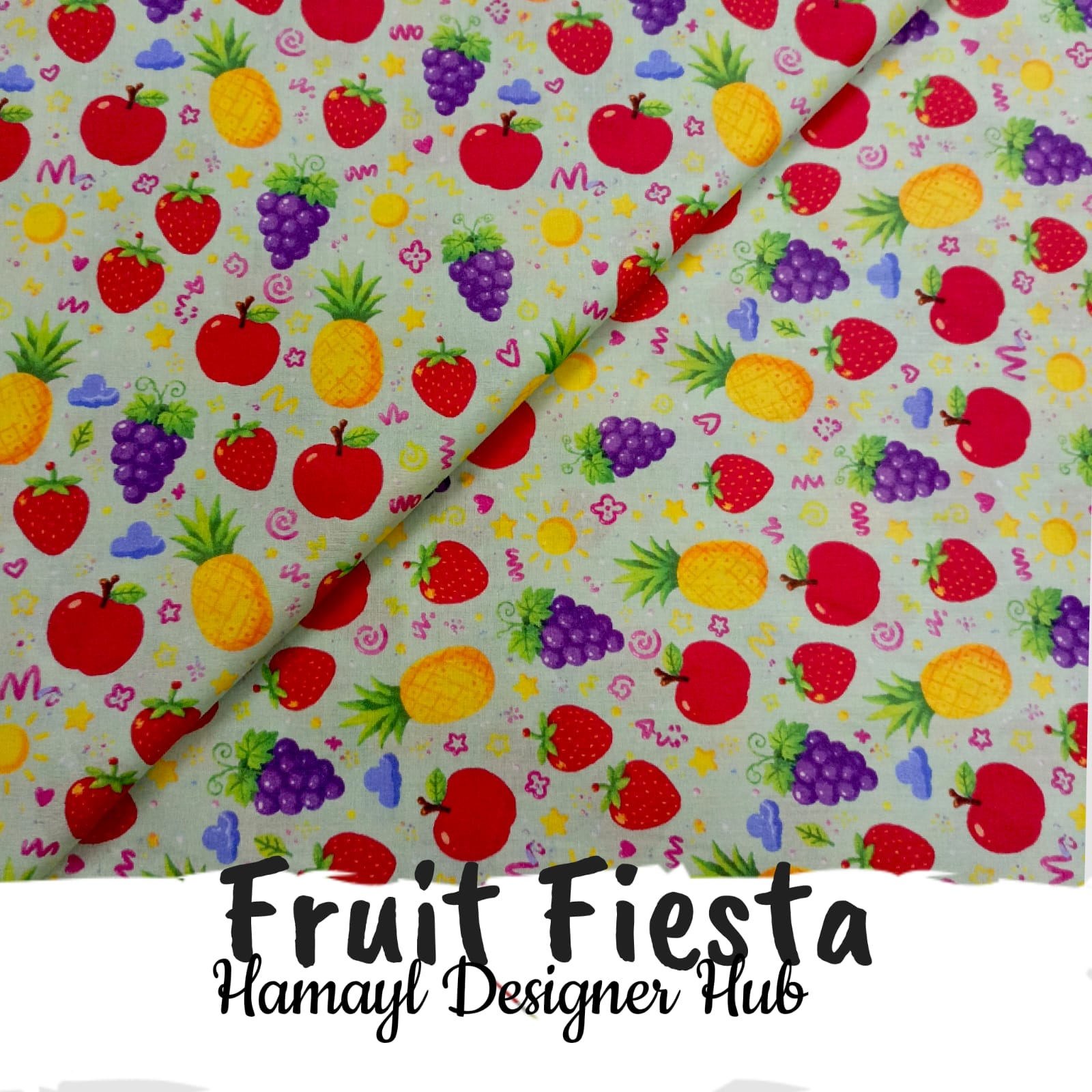 Fruit Fiesta digital lawn fabric with apple strawberry pineapple and grape print for kids summer collection Pakistan