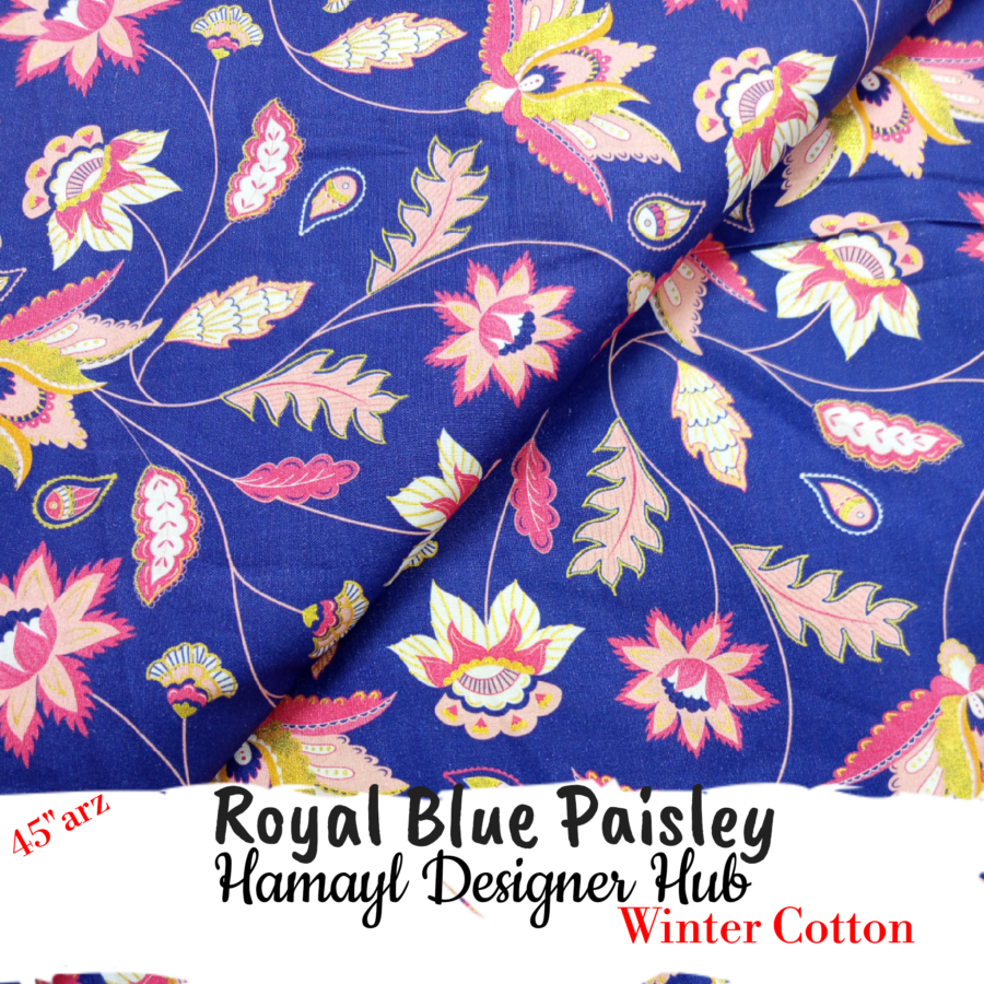 Royal Blue Paisley Bloom – 45'' Printed Winter Cotton Fabric — unstitched fabric