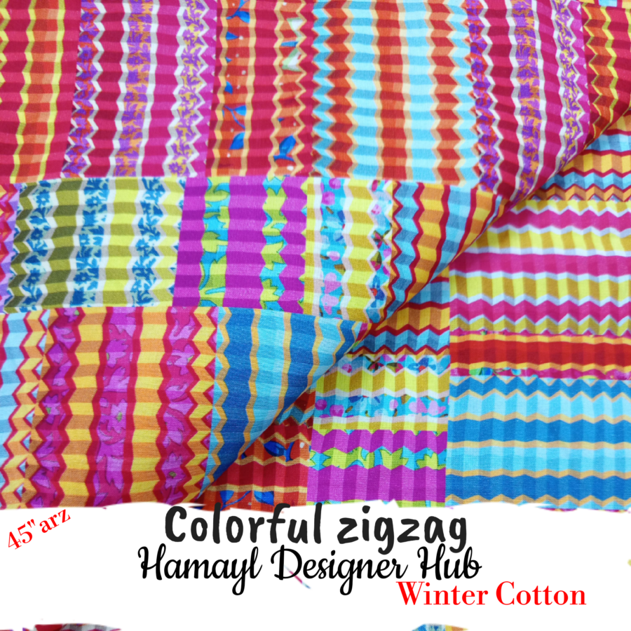 Colorful Zigzag Patchwork – 45''  Printed Winter Cotton Fabric — unstitched fabric