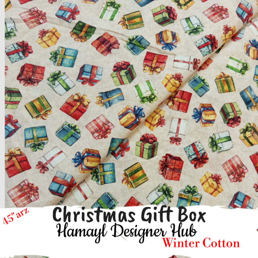 Christmas Gift Boxes – 45'' Printed Winter Cotton Fabric — unstitched fabric