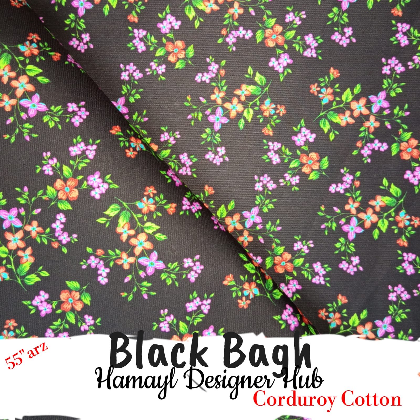 Black Bagh 55 inch floral printed corduroy cotton fabric
