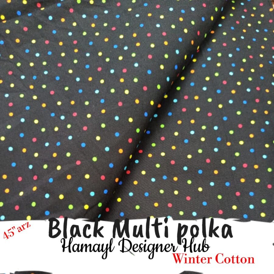 Black Multi Polka – printed winter cotton fabric, 45-inch width, unstitched
