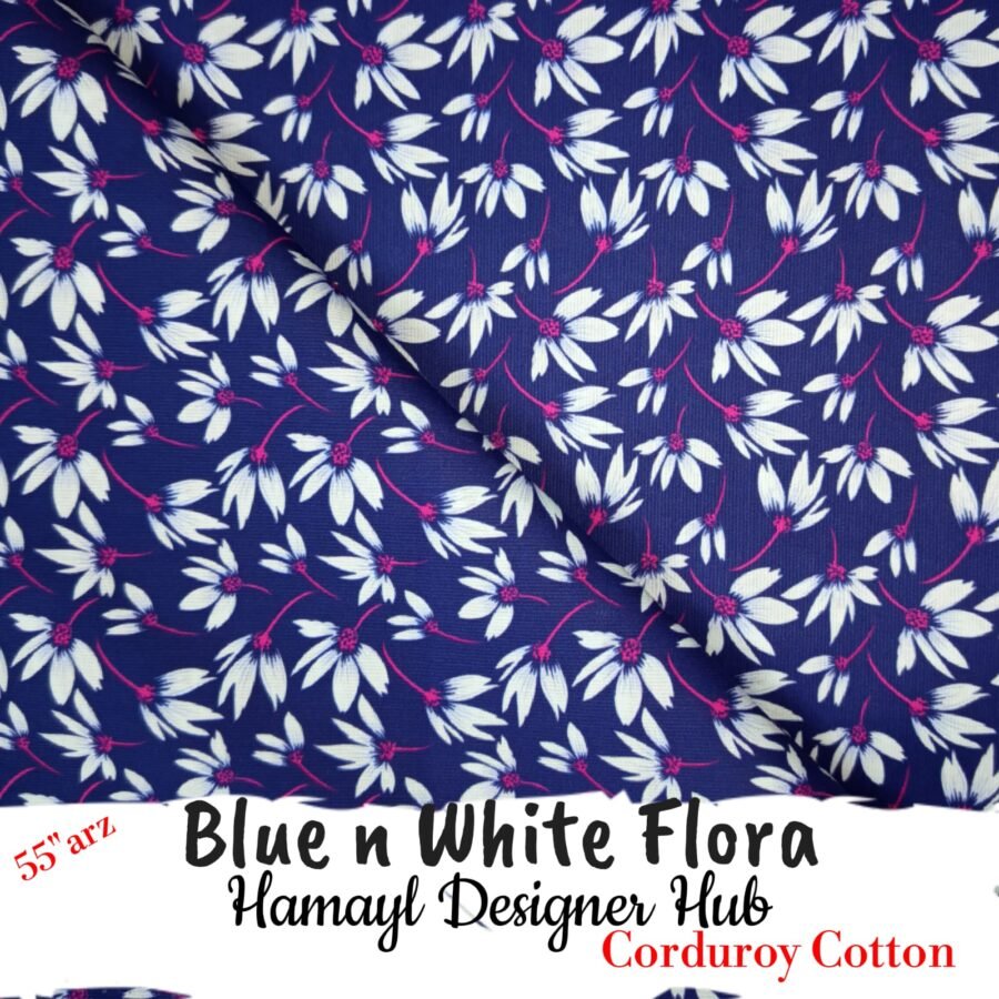 Blue n White Flora – 55 Inch Floral Corduroy — unstitched fabric