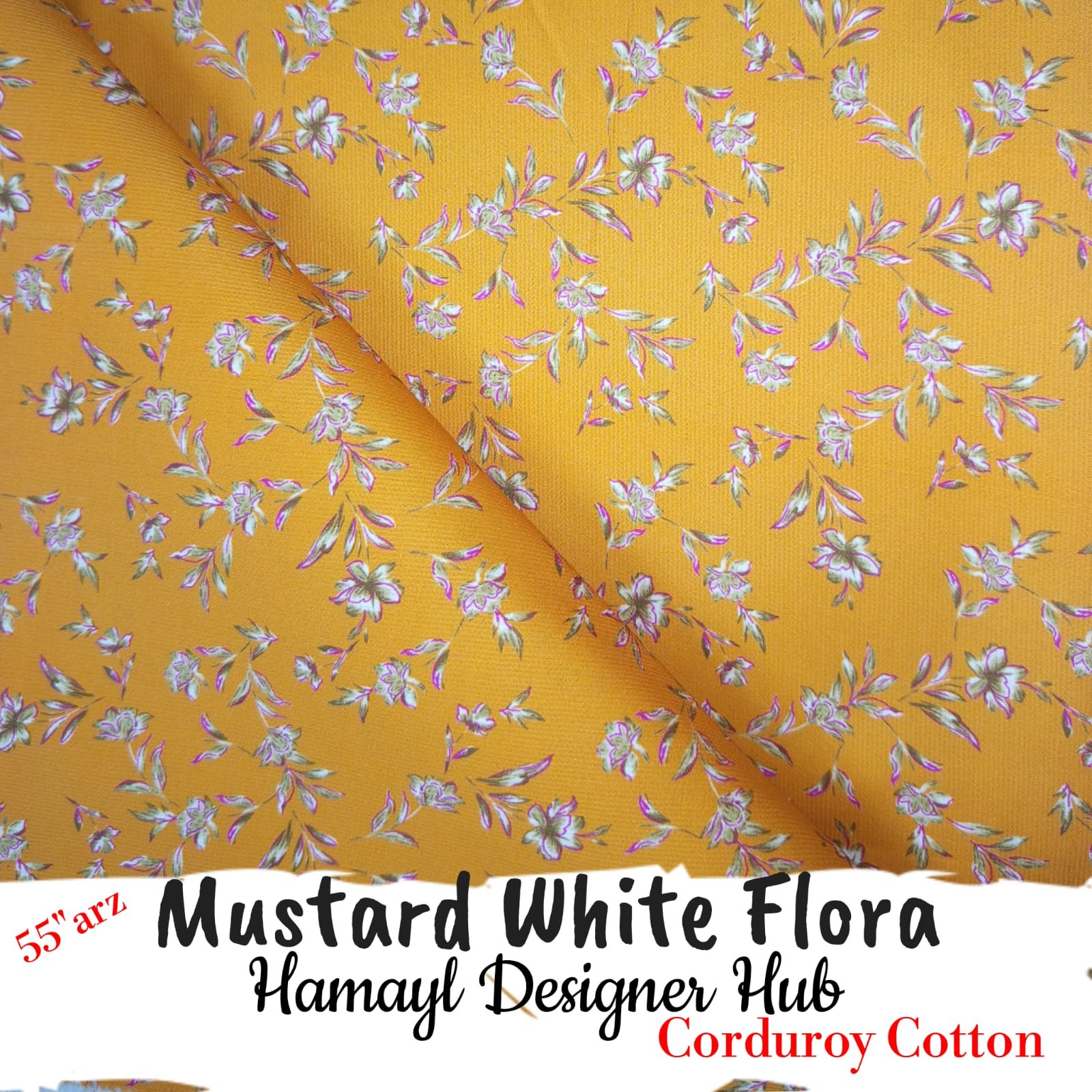 Mustard White Flora – printed corduroy (kotrai / katrai) fabric, 55-inch width, unstitched