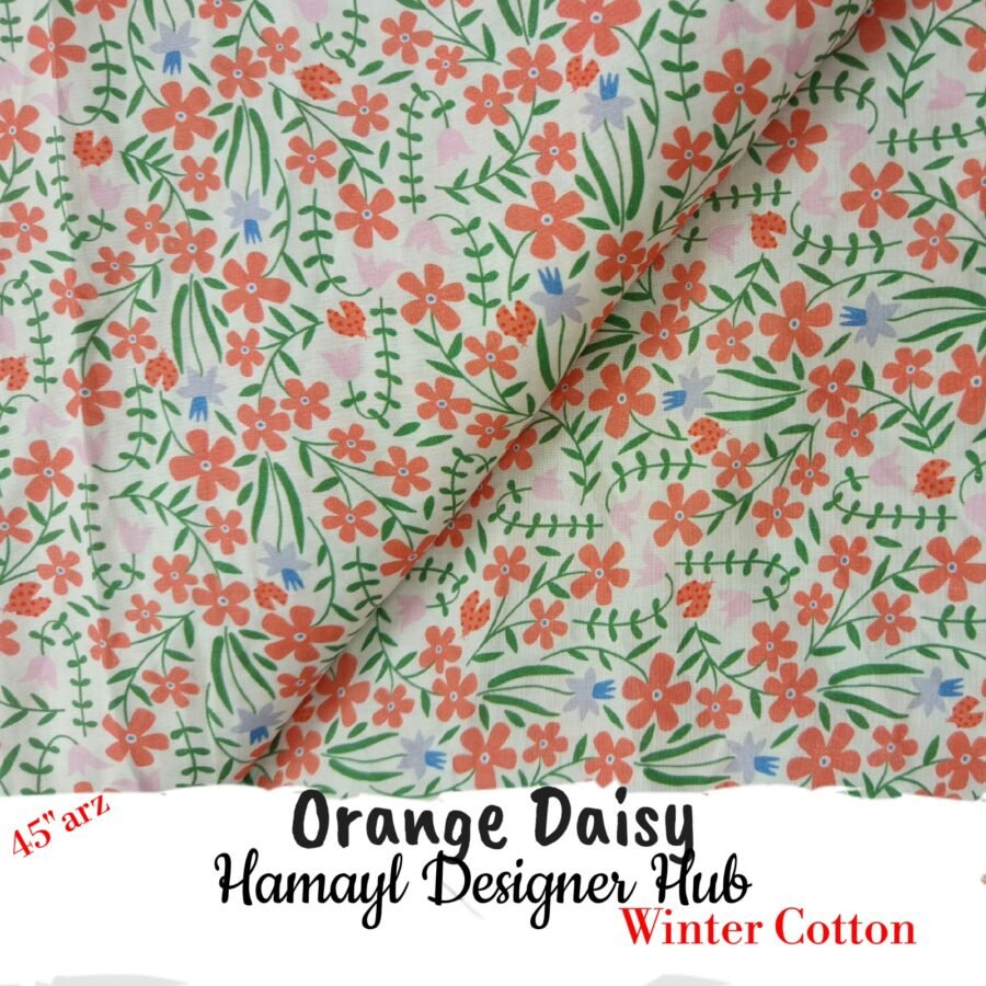 Orange Daisy – printed winter cotton fabric, 45-inch width, unstitched
