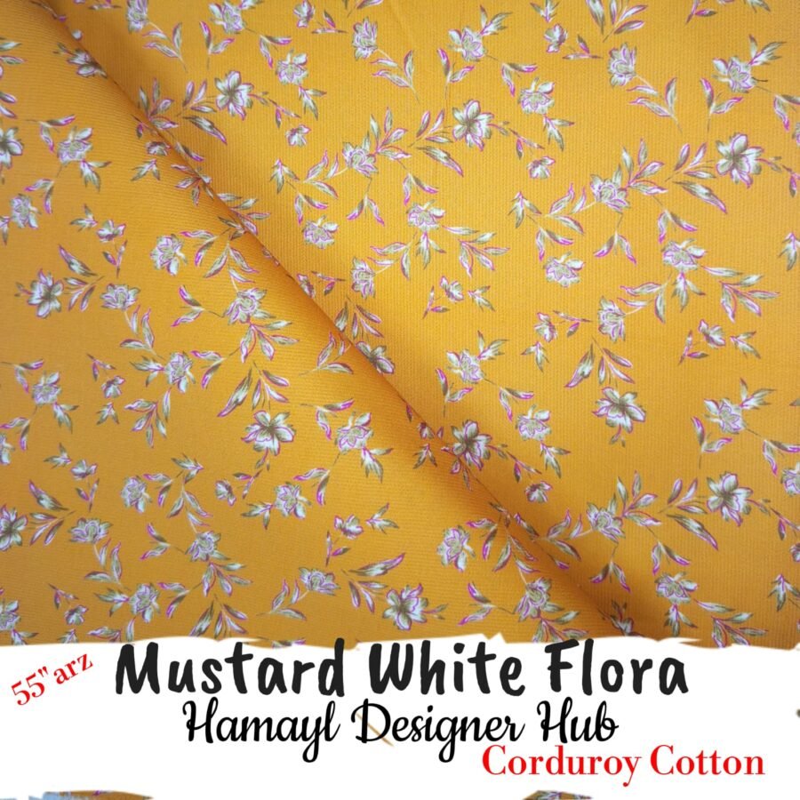 Mustard White Flora – 55 Inch Floral Printed Corduroy Cotton — unstitched fabric