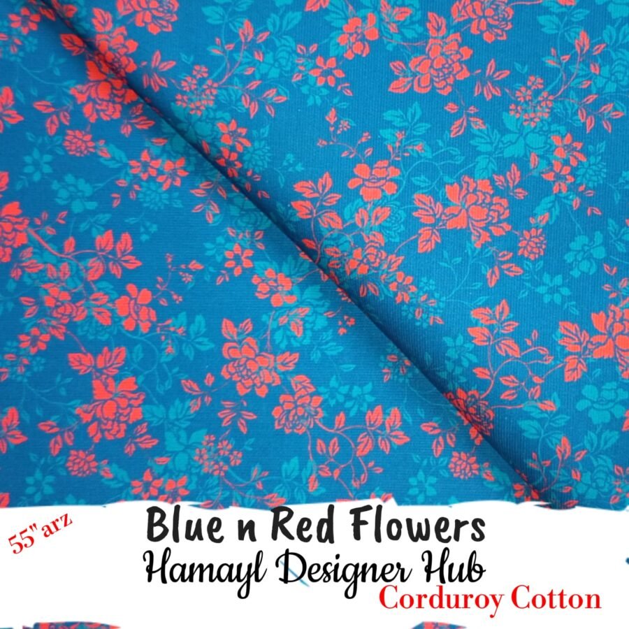 Blue n Red Flowers – 55 Inch Printed Corduroy Cotton — unstitched fabric