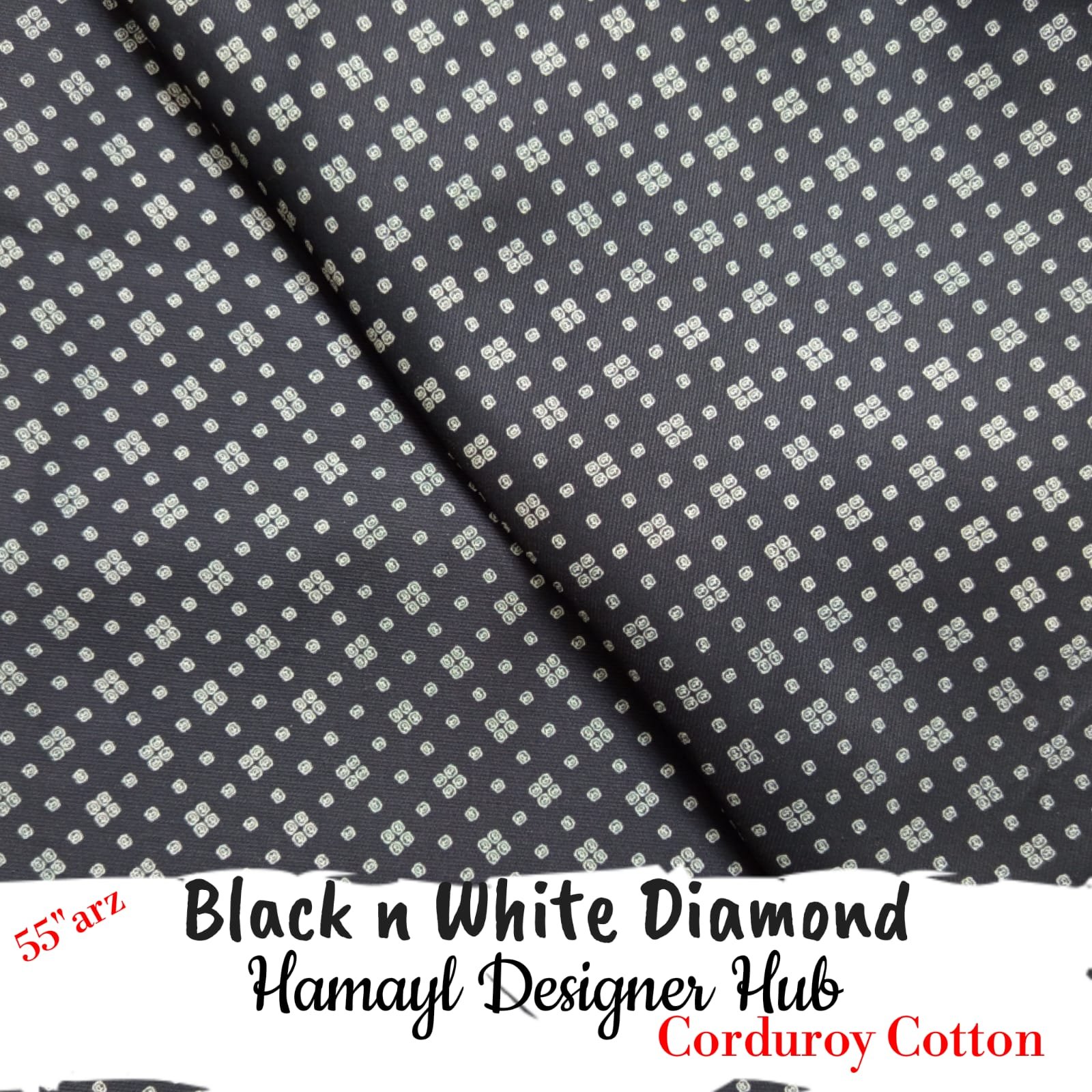 Black n White Diamond 55 inch printed corduroy cotton fabric