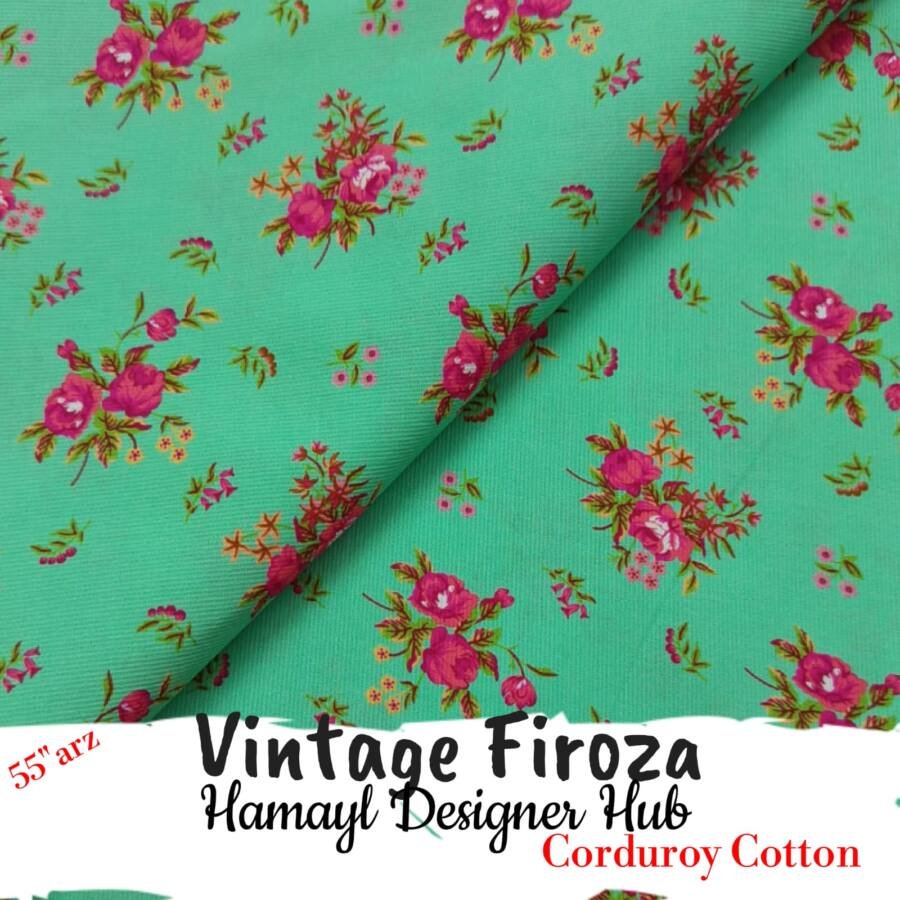 Vintage Firoza – 55 Inch Floral Printed Corduroy Cotton