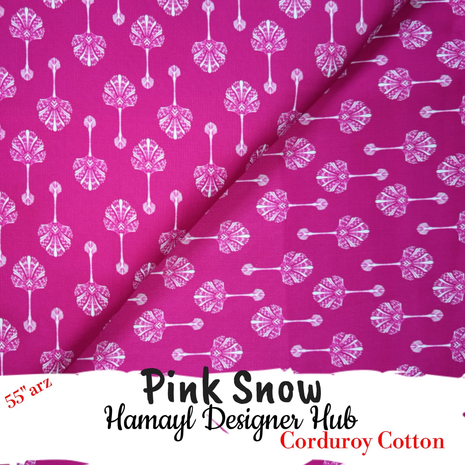 Pink Snow 55 inch pink printed corduroy cotton fabric with white ornamental print