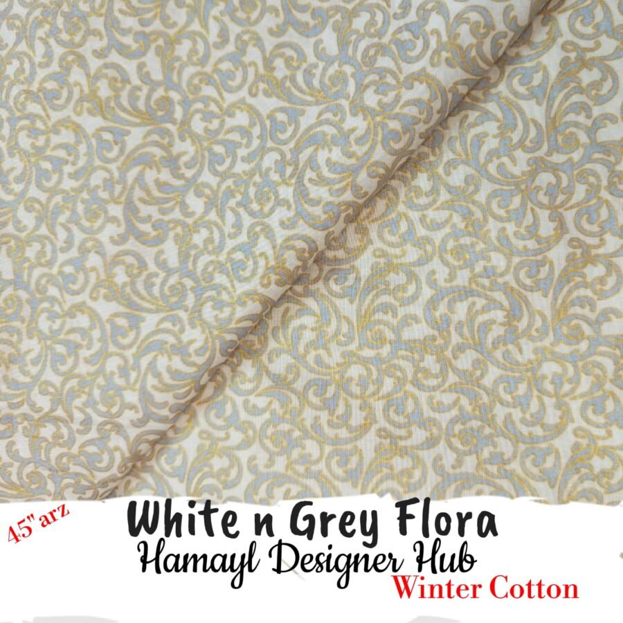White & Grey Flora – 45 Inch Printed Winter Cotton Fabric — unstitched fabric