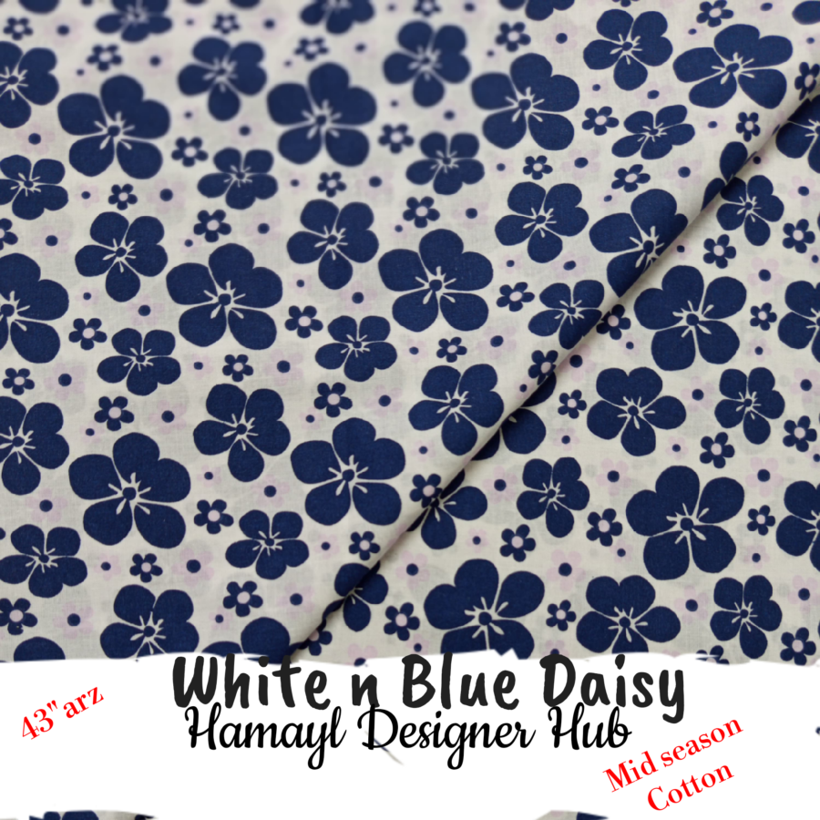 White & Blue Daisy – soft 43 inch mid season cotton fabric, 43-inch width, unstitched