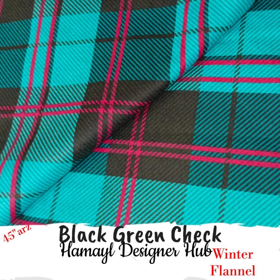 Black Green Check Winter Flannel – printed flannel fabric, 45-inch width, unstitched