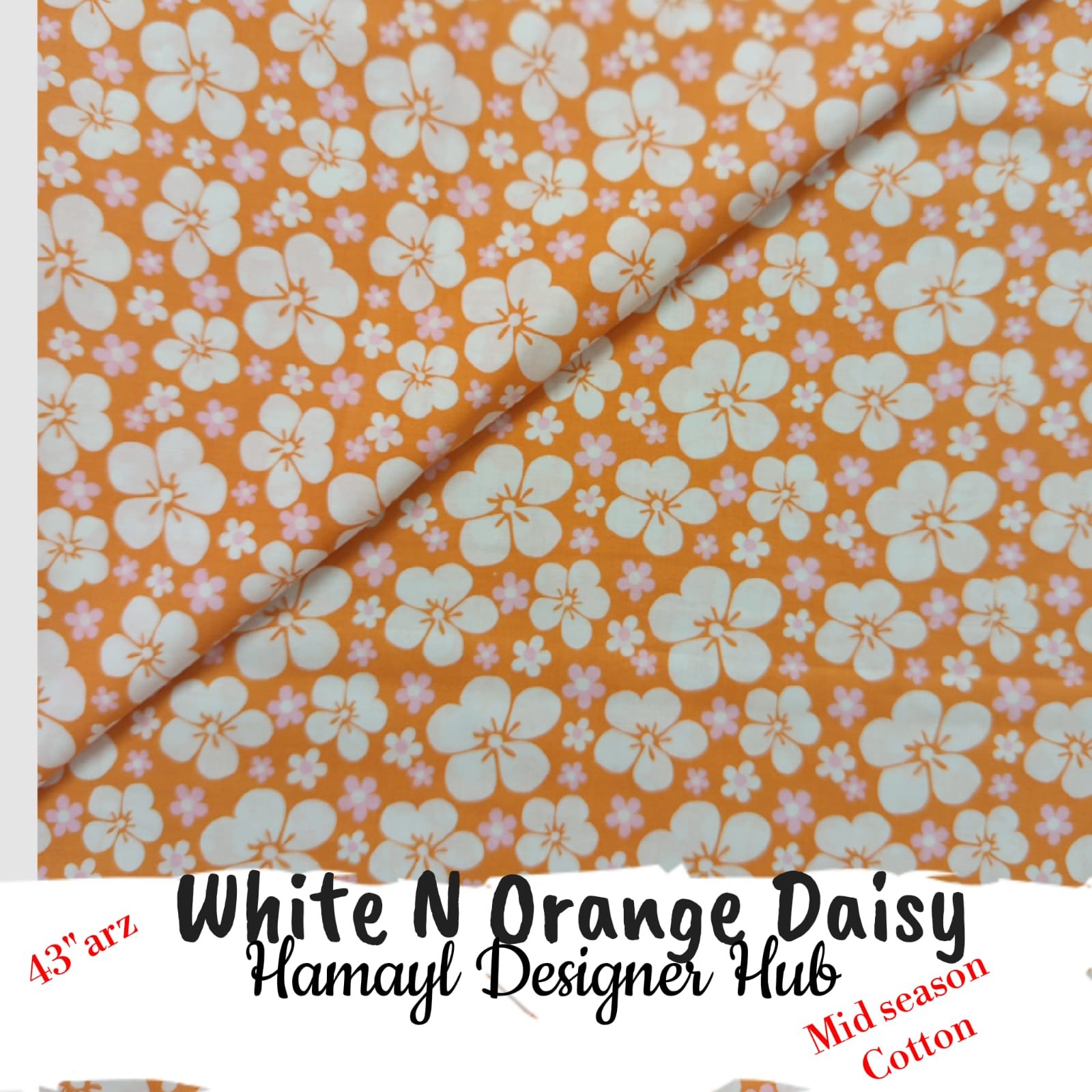 White & Orange Daisy – soft 43 inch mid season cotton fabric, 43-inch width, unstitched