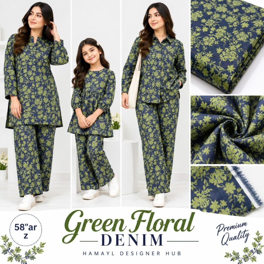 Green Floral Denim – soft cotton denim fabric, 58-inch width, unstitched