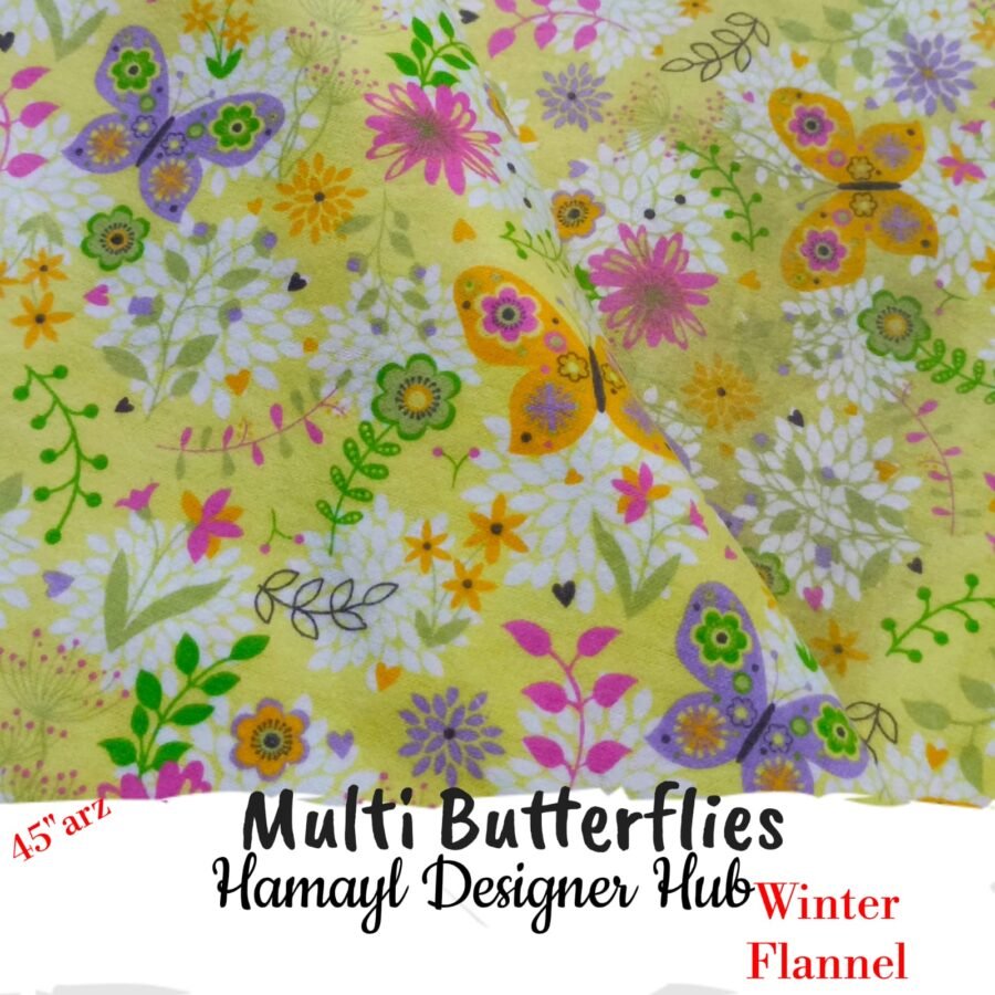 Multi Butterflies Winter Flannel – printed flannel fabric, 45-inch width, unstitched