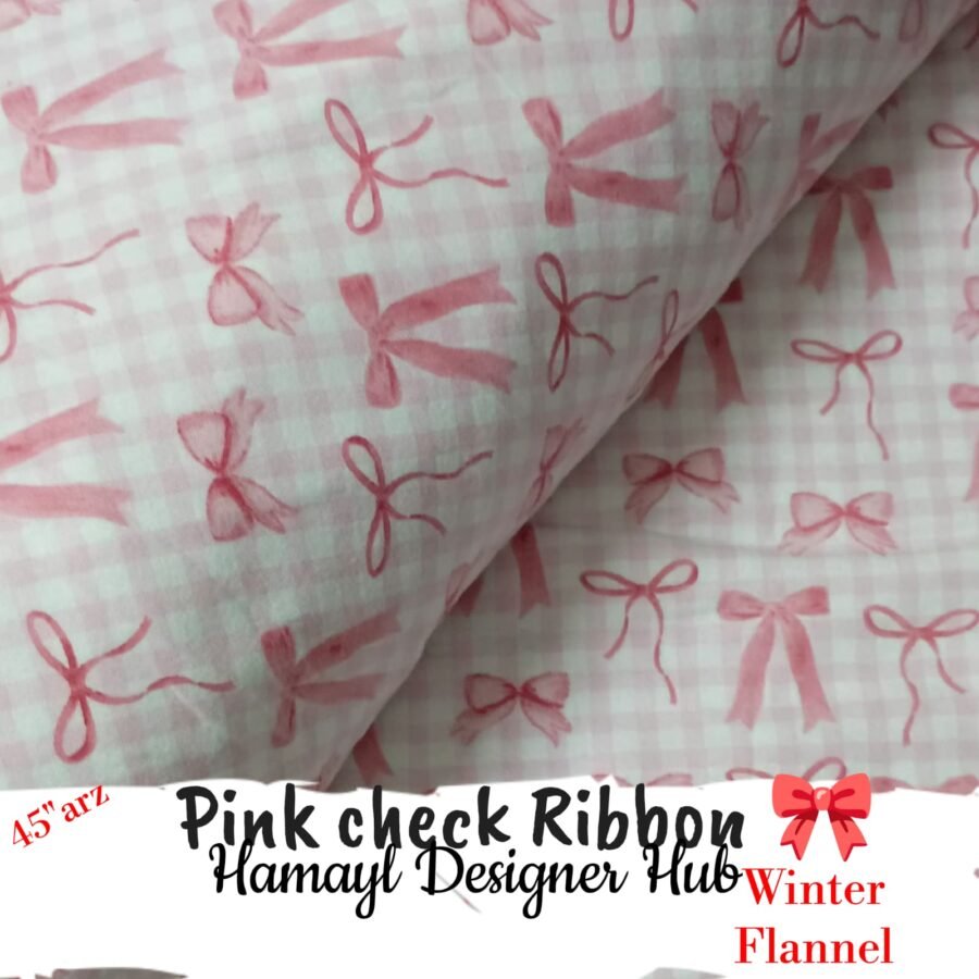 Pink Check Ribbon Winter Flannel – printed flannel fabric, 45-inch width, unstitched