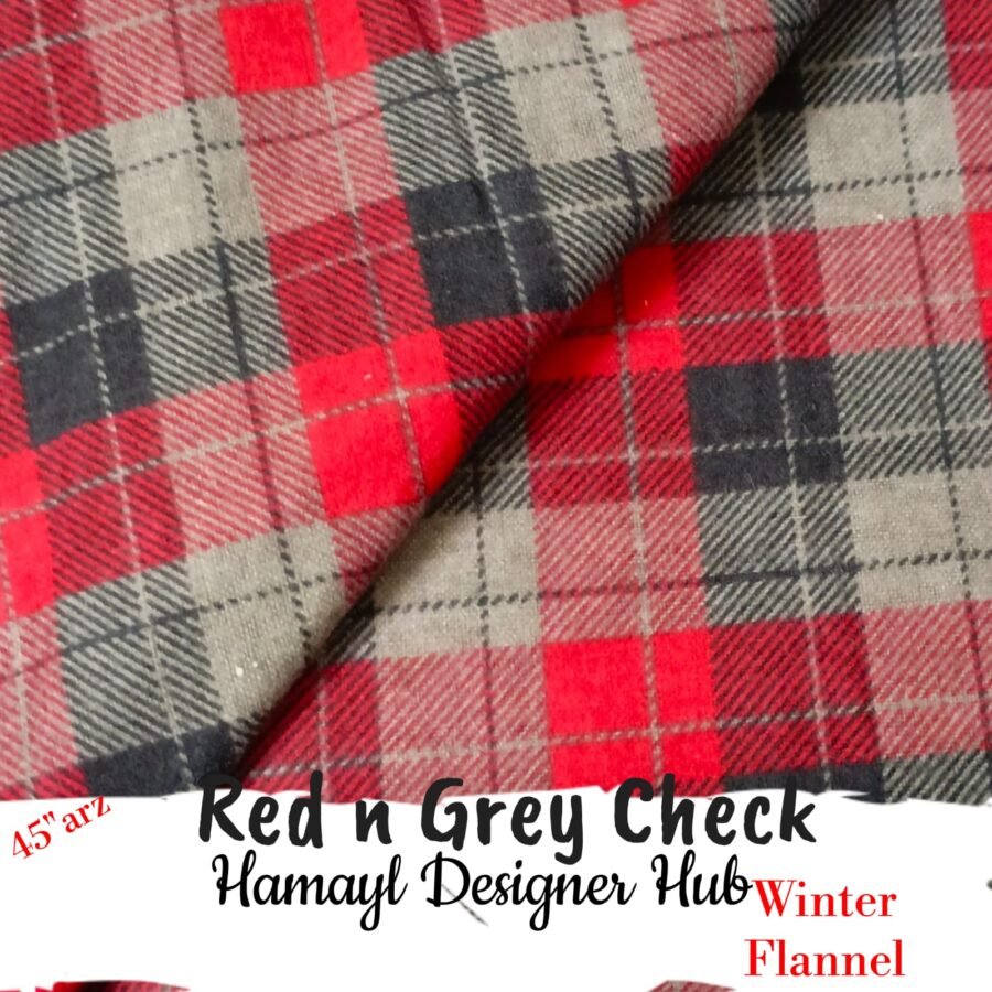 Red & Grey Check Winter Flannel – printed flannel fabric, 45-inch width, unstitched