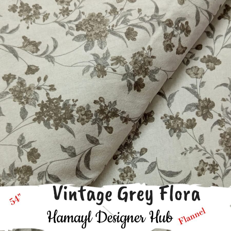 Vintage Grey Flora Winter Flannel – printed flannel fabric, 54-inch width, unstitched