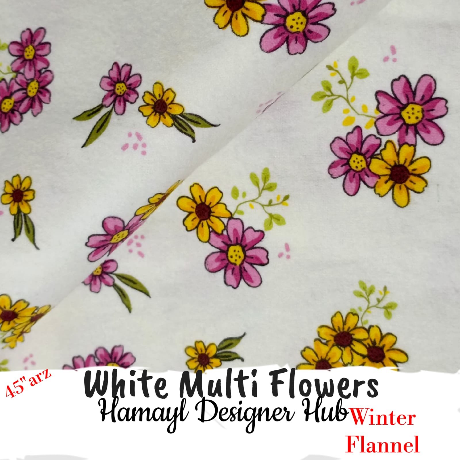 White Multi Flowers Winter Flannel – printed flannel fabric, 45-inch width, unstitched