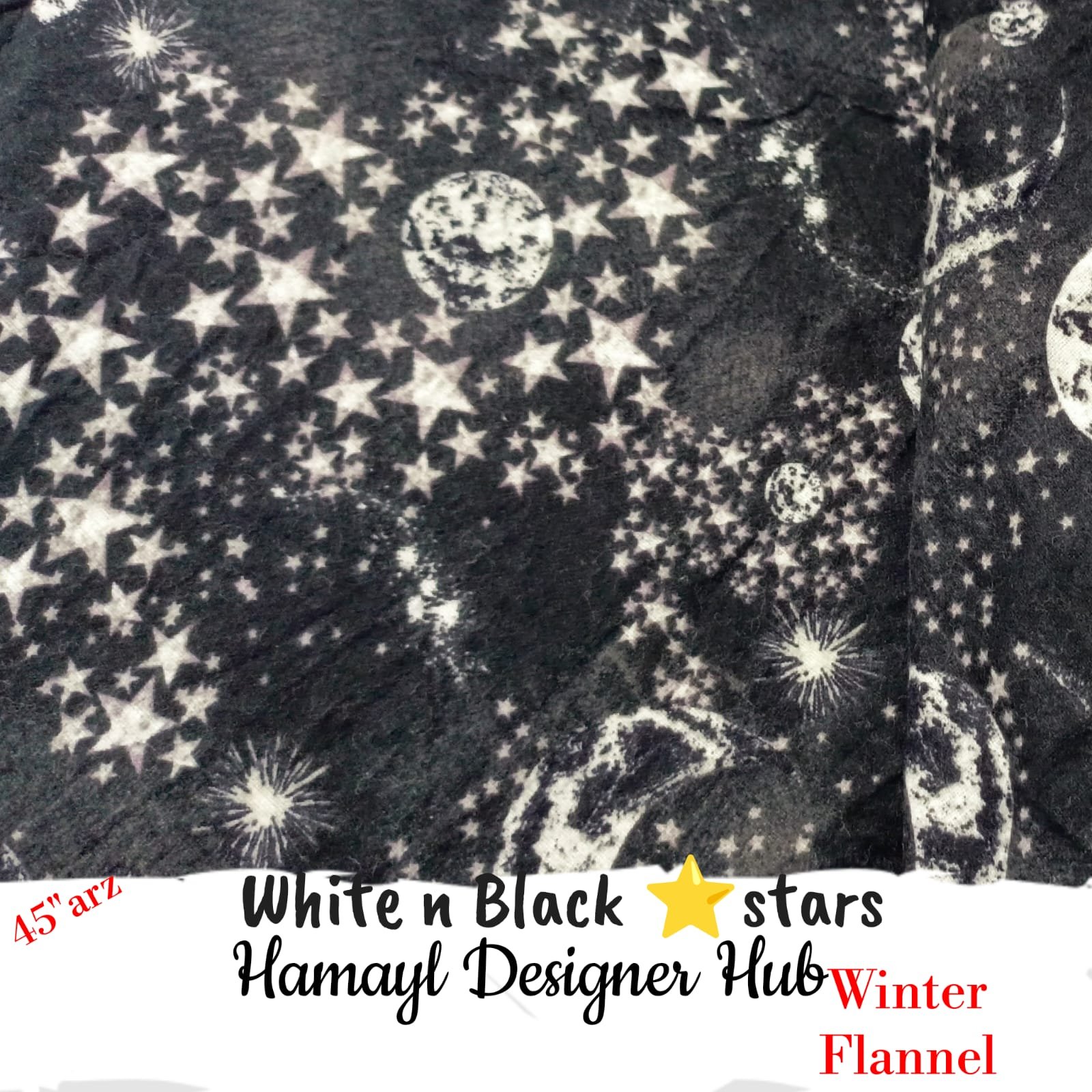 White n Black Stars Winter Flannel – printed flannel fabric, 45-inch width, unstitched