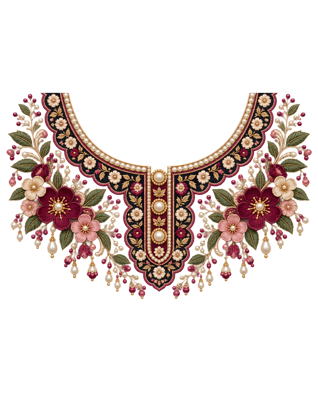 P1019 Kids Neckline Design – Burgundy Floral 8 Inch – iron-on heat transfer patch