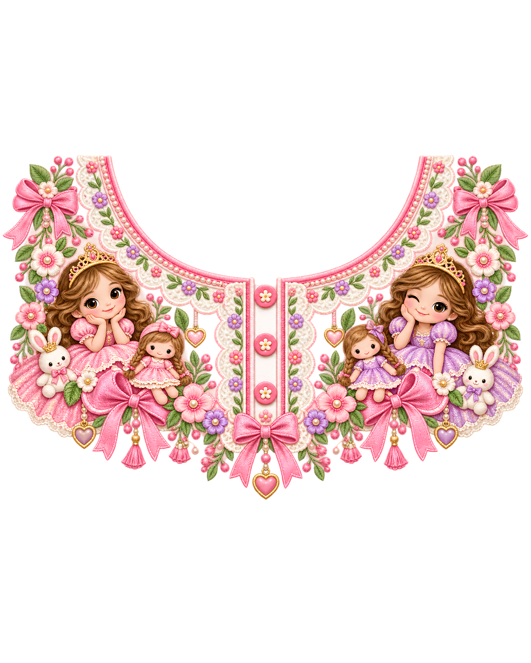 P1005 Kids Neckline Design – Doll & Bow Floral 8 Inch – iron-on heat transfer patch