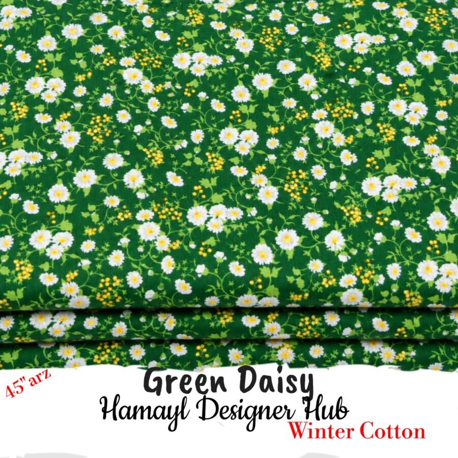Green Daisy – printed winter cotton fabric, 45-inch width, unstitched