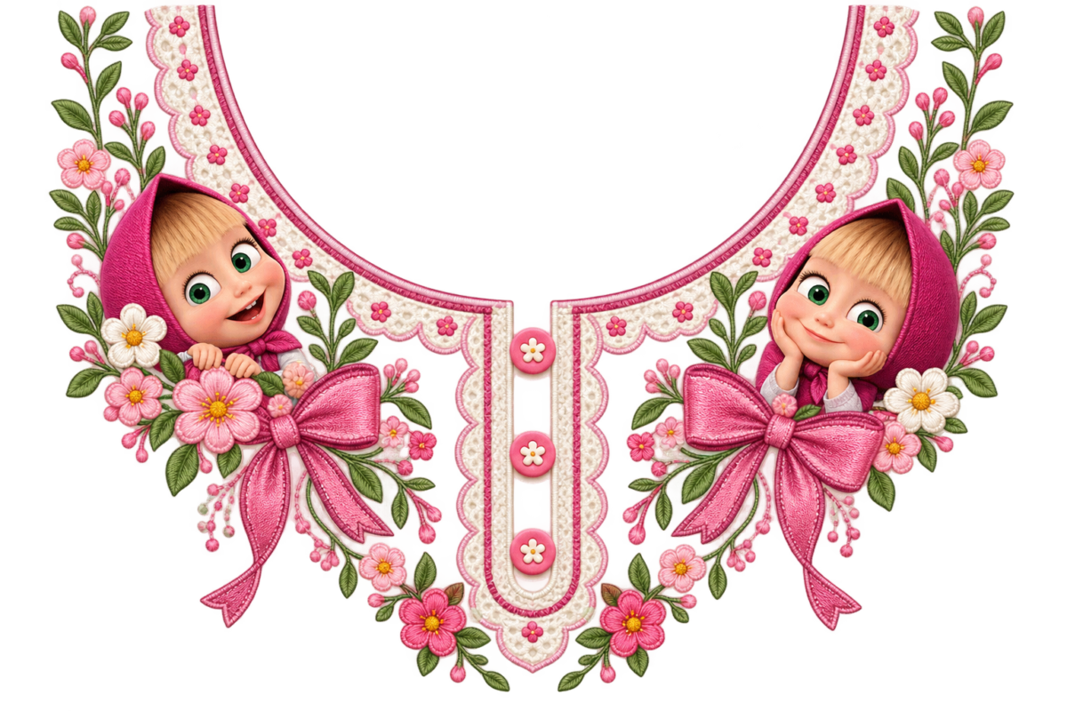 P1005 Kids Neckline Design – Doll & Bow Floral 8 Inch – floral iron-on patch