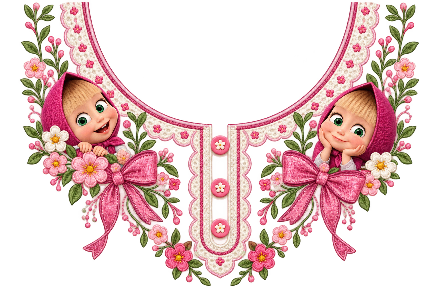 P1005 Kids Neckline Design – Doll & Bow Floral 8 Inch – floral iron-on patch