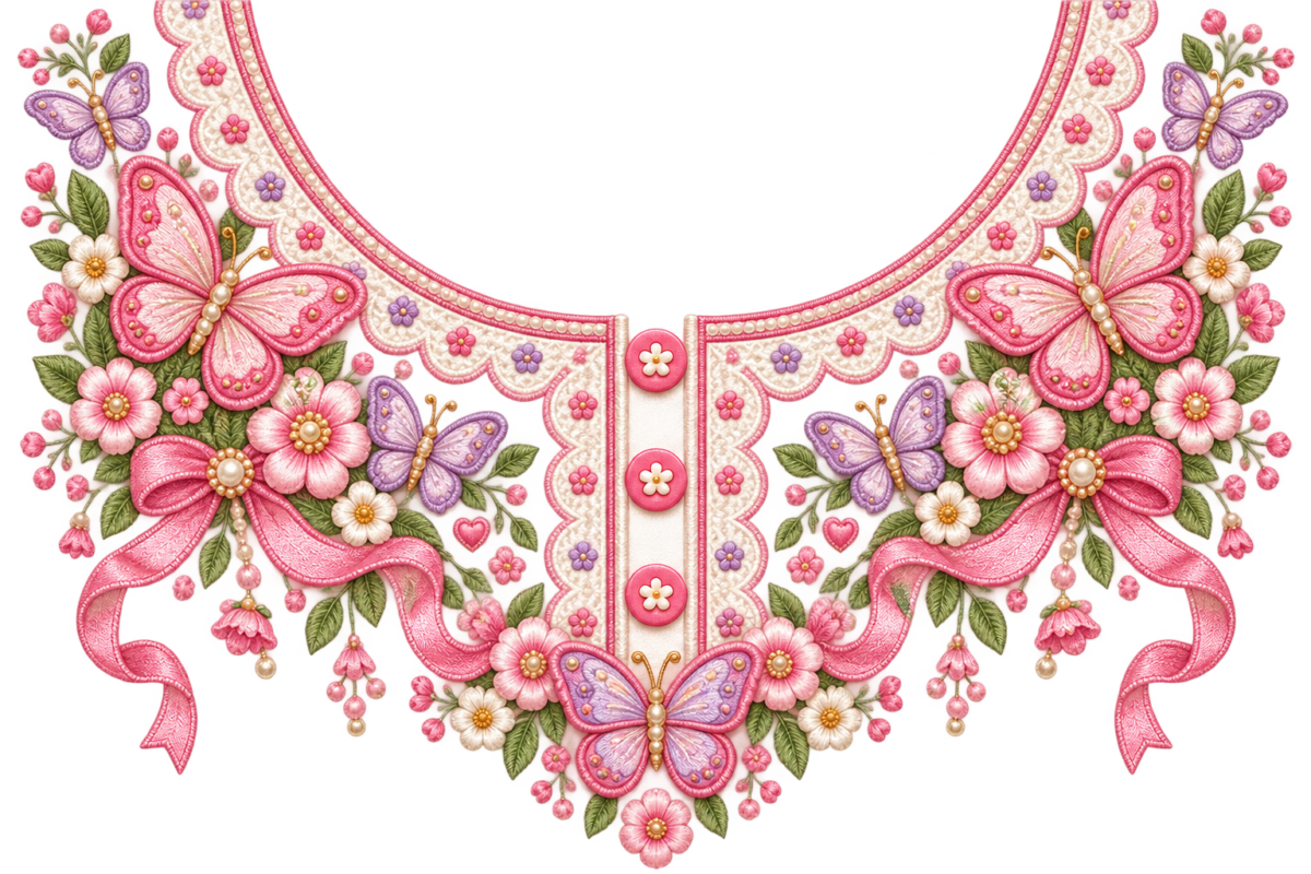 P1006 Kids Neckline Design – Butterfly Bow Floral 8 Inch – floral iron-on patch