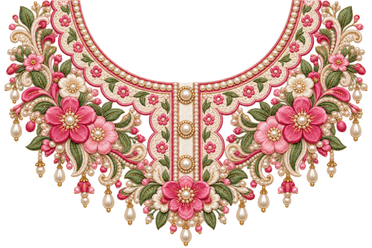 P1018 Kids Neckline Design – Pink Floral Pearl Look 8 Inch – floral iron-on patch