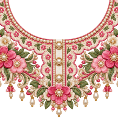 P1018 Kids Neckline Design – Pink Floral Pearl Look 8 Inch – floral iron-on patch