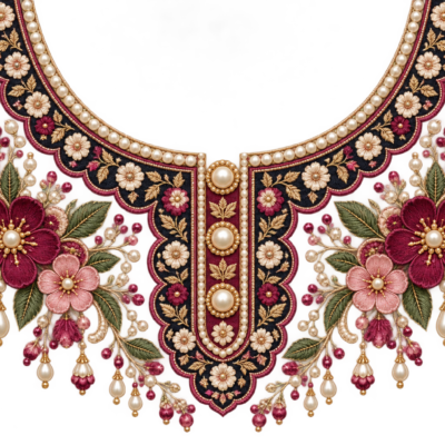P1019 Kids Neckline Design – Burgundy Floral 8 Inch – floral iron-on patch