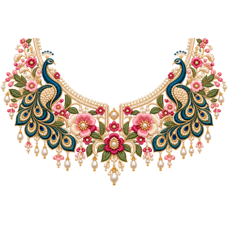 P1015 Kids Neckline Design – Peacock Floral 8 Inch – flower iron-on patch