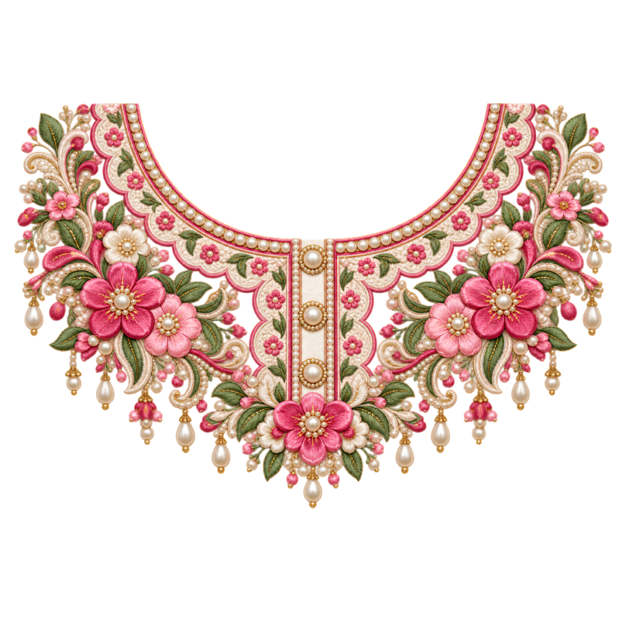 P1018 Kids Neckline Design – Pink Floral Pearl Look 8 Inch – flower iron-on patch