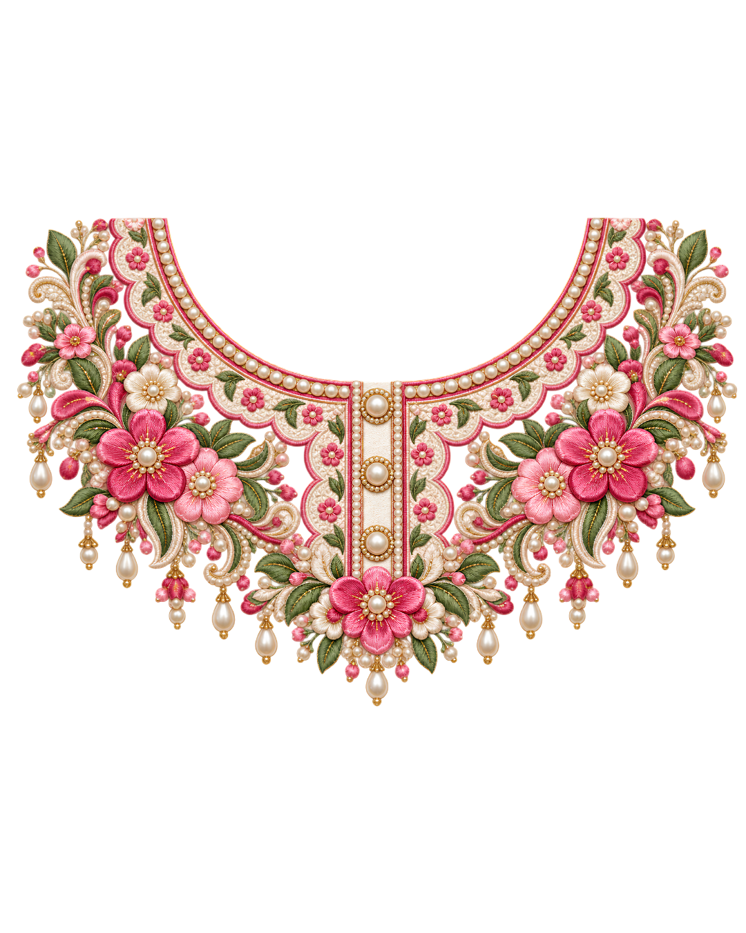 P1018 Kids Neckline Design – Pink Floral Pearl Look 8 Inch – iron-on heat transfer patch