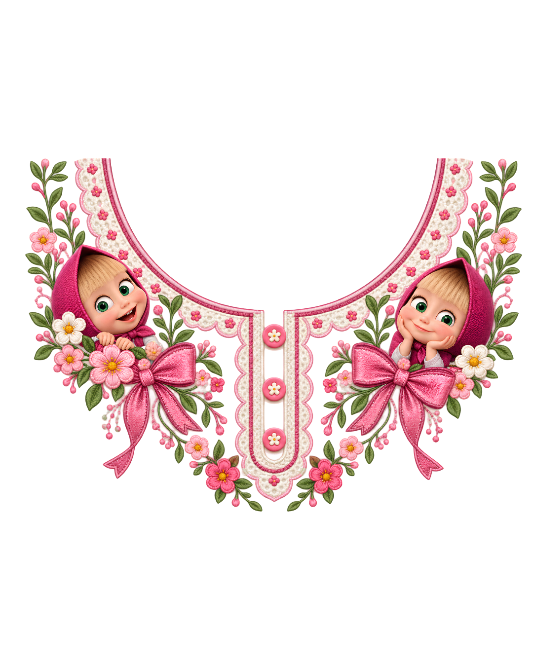 P1017 Kids Neckline Design – Princess Doll Bow Floral 8 Inch – iron-on heat transfer patch