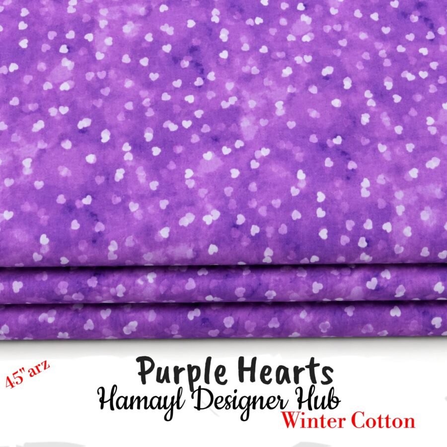 Purple Hearts – printed winter cotton fabric, 45-inch width, unstitched