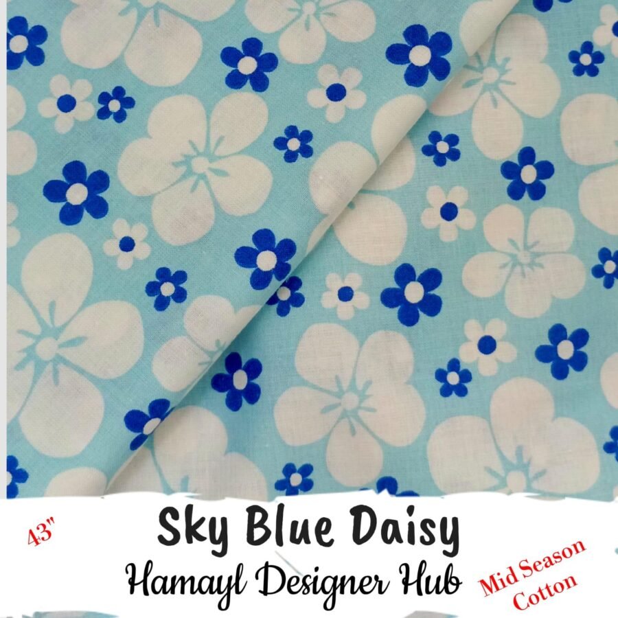 Sky Blue Daisy – soft 43 inch mid season cotton fabric, 43-inch width, unstitched